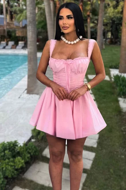 Rochie Scurta de Vara, in Bretele Subtiri, Accesorizata cu Dantela, Zelda, Roz