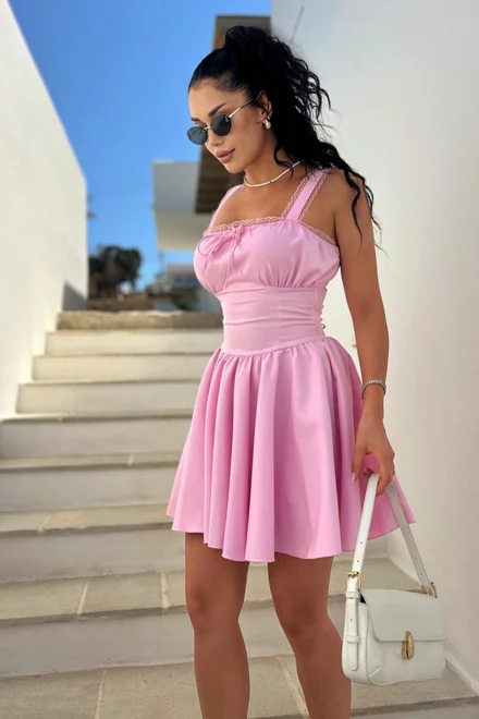 Rochie Scurta de Vara, in Bretele Subtiri, Accesorizata cu Dantela, Zelda, Roz