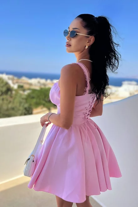 Rochie Scurta de Vara, in Bretele Subtiri, Accesorizata cu Dantela, Zelda, Roz