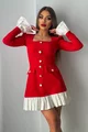 Rochie Scurta din Bistrech, cu Poplin Alb si Maneci Lungi, Zenyda, Rosie