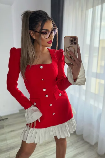 Rochie Scurta din Bistrech, cu Poplin Alb si Maneci Lungi, Zenyda, Rosie
