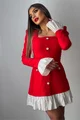 Rochie Scurta din Bistrech, cu Poplin Alb si Maneci Lungi, Zenyda, Rosie