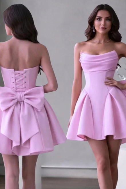 Rochie Scurta din Bistrech, fara Maneci, Accesorizata cu Funda la Spate, Zalora, Roz