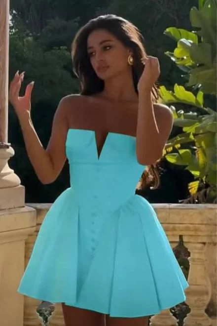 Rochie Scurta din Bistrech, Incheiata in Nasturi, cu Fusta Ampla si Umerii Goi, Glami, Aqua