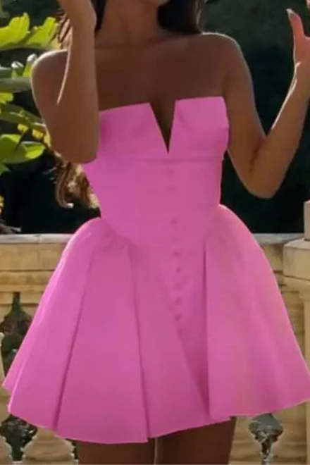 Rochie Scurta din Bistrech, Incheiata in Nasturi, cu Fusta Ampla si Umerii Goi, Trendy, Roz