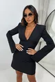 Rochie Scurta, din Bistrech Mat, cu Maneci Lungi Crapate si Decolteu in V, Dove, Neagra