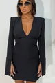 Rochie Scurta, din Bistrech Mat, cu Maneci Lungi Crapate si Decolteu in V, Dove, Neagra