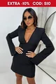 Rochie Scurta, din Bistrech Mat, cu Maneci Lungi Crapate si Decolteu in V, Dove, Neagra