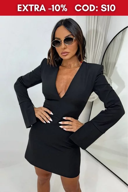Rochie Scurta, din Bistrech Mat, cu Maneci Lungi Crapate si Decolteu in V, Dove, Neagra