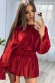 Rochie Scurta din Catifea cu Glitter, Fusta Pantalon si Accesorizata cu Floare, Floralys, Rosie