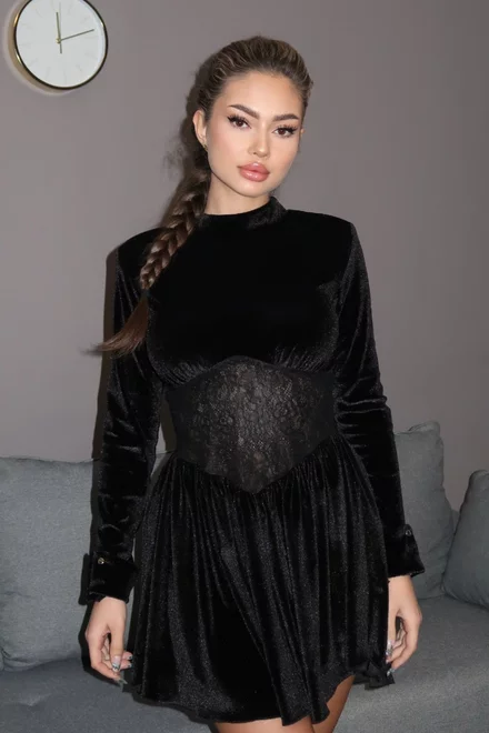 Rochie Scurta din Catifea, cu Maneci Lungi si Brau din Dantela, Valentine`s, Neagra