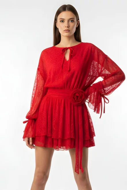 Rochie Scurta din Dantela, Accesorizata cu Floare in Talie, Damarra, Rosie