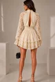 Rochie Scurta din Dantela, cu Maneci Lungi Bufante si Accesorizata cu Floare, Fantastyc, Bej