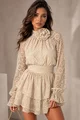 Rochie Scurta din Dantela, cu Maneci Lungi Bufante si Accesorizata cu Floare, Fantastyc, Bej