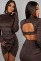 Rochie Scurta din Lycra, cu Maneci Lungi si Spate Gol, Aryssa, Maro