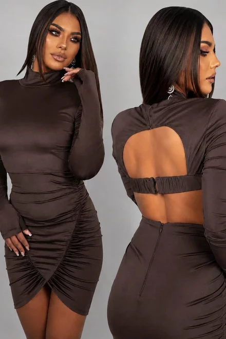 Rochie Scurta din Lycra, cu Maneci Lungi si Spate Gol, Aryssa, Maro