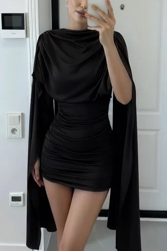 Rochie Scurta din Lycra, cu Maneci Lungi Tip Butterfly, Arromma, Neagra