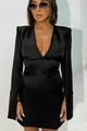 Rochie Scurta, din Satin, cu Maneci Lungi Crapate si Decolteu in V, LunaChic, Neagra