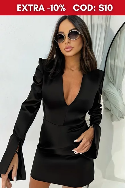 Rochie Scurta, din Satin, cu Maneci Lungi Crapate si Decolteu in V, LunaChic, Neagra