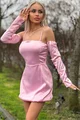 Rochie Scurta din Tafta Elastica, Tip Camasa cu Fusta Gogosar, Bretele Detasabile si Umerii Goi, About, Roz