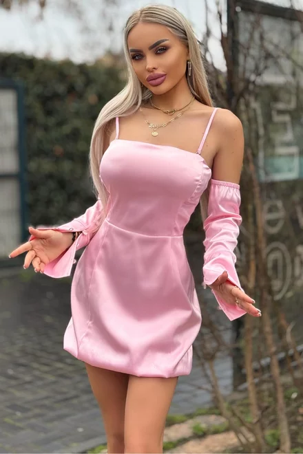 Rochie Scurta din Tafta Elastica, Tip Camasa cu Fusta Gogosar, Bretele Detasabile si Umerii Goi, About, Roz