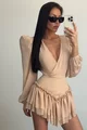 Rochie Scurta din Voal, Asimetrica, cu Maneci Lungi Bufante, Embrace, Cappucino