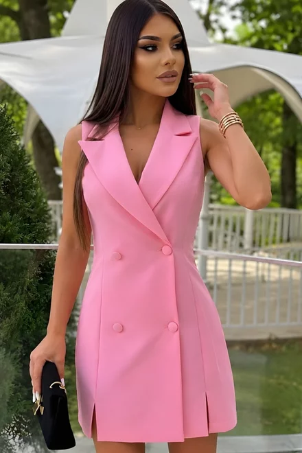 Rochie Scurta Tip Sacou, Fara  Maneci, cu Inchidere Nasturi, Bloom, Roz