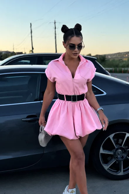Rochie Tip Gogosar, Scurta, din Bistrech, cu Maneci Scurte, Azuria, Roz