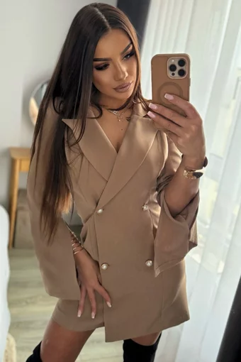 Rochie Tip Sacou, cu Funda Maxi la Spate, Inchidere Nasturi, Vittoria, Cappucino