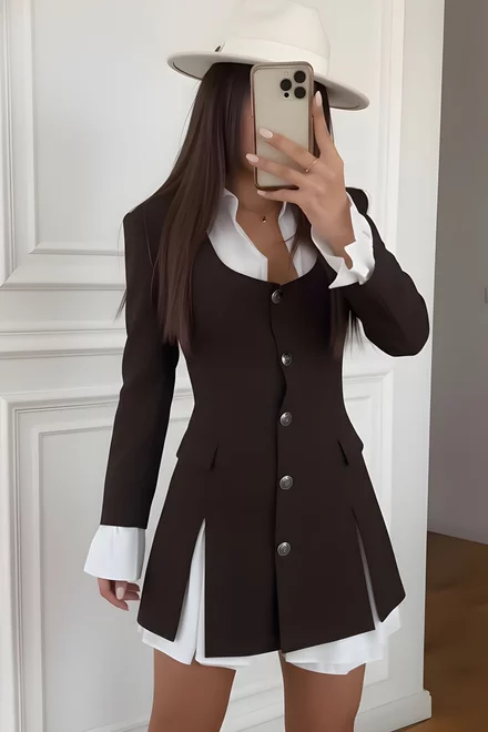 Rochie Tip Sacou de Dama, din Bistrech, cu Poplin Alb, Monday, Maro Inchis