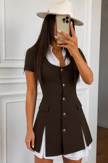 Rochie Tip Sacou de Dama, din Bistrech, cu Poplin Alb, Seleno, Maro Inchis