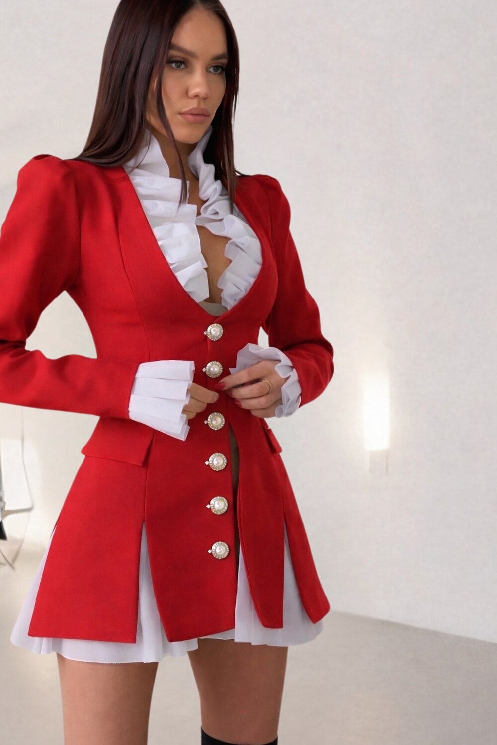 FOGGI Rochie Tip Sacou ,din Bistrech Combinat Cu Poplin Alb, Cu Maneci Lungi, Si Crapaturi Decorative , Jingle, Rosie