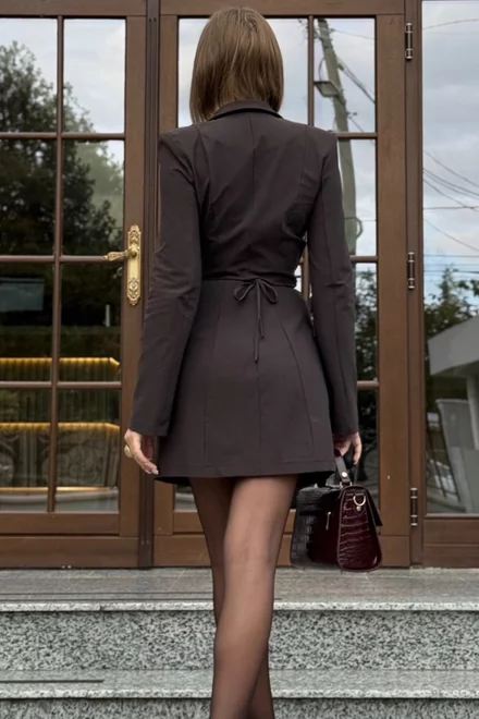 Rochie Tip Sacou, din Bistrech, cu Inchidere Nasturi si Centura Detasabila Accesorizata cu Floare, Brownie, Maro Inchis