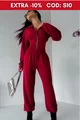 Salopeta Casual de Dama, din Catifea cu Model Cusaturi in Talie cu Efect de Brau, Fuego, Rosu