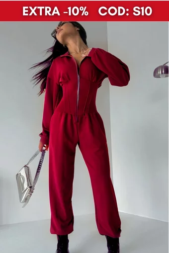 Salopeta Casual de Dama, din Catifea cu Model Cusaturi in Talie cu Efect de Brau, Fuego, Rosu