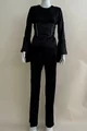 Salopeta Dama din Satin, cu Brau Tip Corset Accesorizat cu Cristale, Maneci Evazate, Ashanti, Neagra