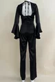 Salopeta Dama din Satin, cu Brau Tip Corset Accesorizat cu Cristale, Maneci Evazate, Ashanti, Neagra