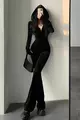 Salopeta de Dama,Casual Sport,Cambrata pe Talie, Evazata, din Catifea,Decupata pe Deget, Kaliente, Neagra