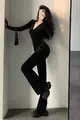 Salopeta de Dama,Casual Sport,Cambrata pe Talie, Evazata, din Catifea,Decupata pe Deget, Kaliente, Neagra