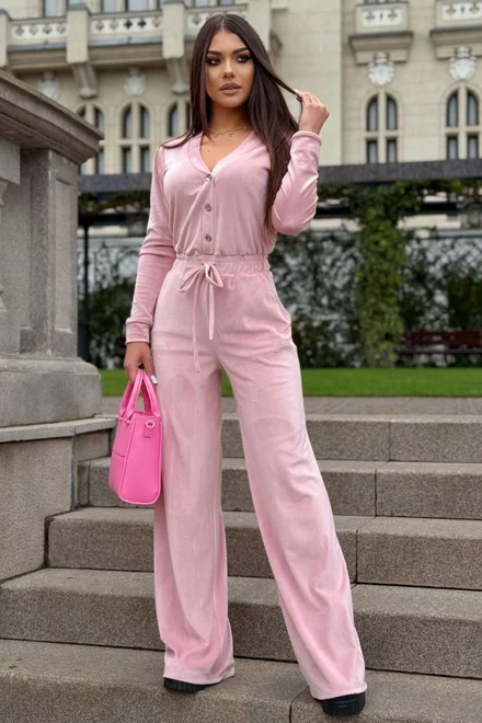 Salopeta de Dama, din Catifea Fina, cu Elastic in Talie si Inchidere Nasturi, Veronique, Roz Pudra