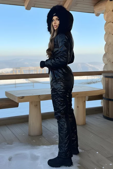 Salopeta de Dama, din Fas Matlasat, Borseta si Guler din Blana Negru, Elleonor, Neagra