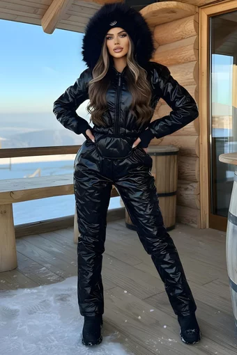 Salopeta de Dama, din Fas Matlasat, Borseta si Guler din Blana Negru, Elleonor, Neagra