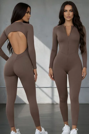 Salopeta de Dama, din Lycra, cu Cusaturi Evidentiate si Spate Gol, Bountys, Maro