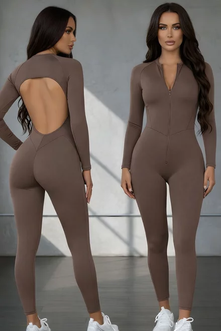 Salopeta de Dama, din Lycra, cu Cusaturi Evidentiate si Spate Gol, Bountys, Maro