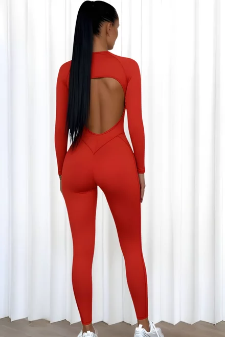 Salopeta de Dama, din Lycra, cu Spate Gol si Cusaturi Evidentiate, Superb, Rosie