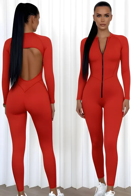 Salopeta de Dama, din Lycra, cu Spate Gol si Cusaturi Evidentiate, Superb, Rosie