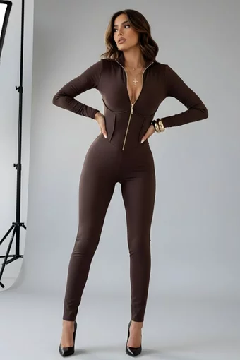 Salopeta de Dama, din Lycra, Cusaturi Evidentiate si Maneci Lungi, Onyra, Maro