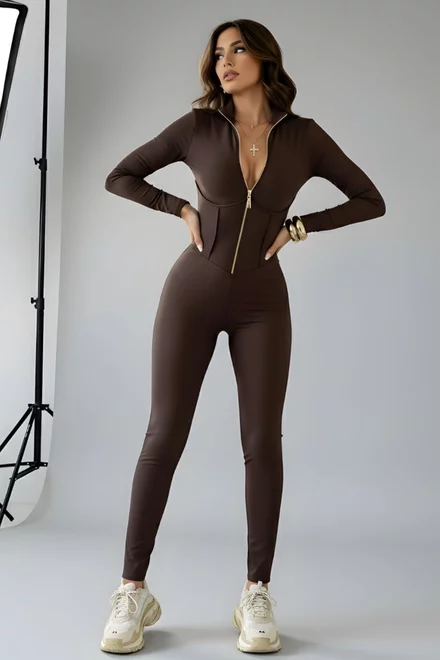 Salopeta de Dama, din Lycra, Cusaturi Evidentiate si Maneci Lungi, Onyra, Maro