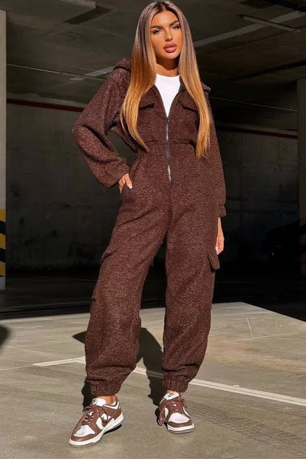 Salopeta de Dama, Material Pufos Tip Teddy, cu Inchidere Fermoar, Ginger, Maro