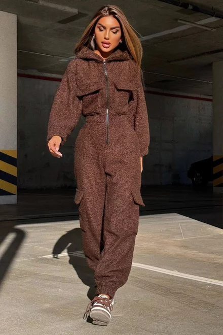 Salopeta de Dama, Material Pufos Tip Teddy, cu Inchidere Fermoar, Ginger, Maro